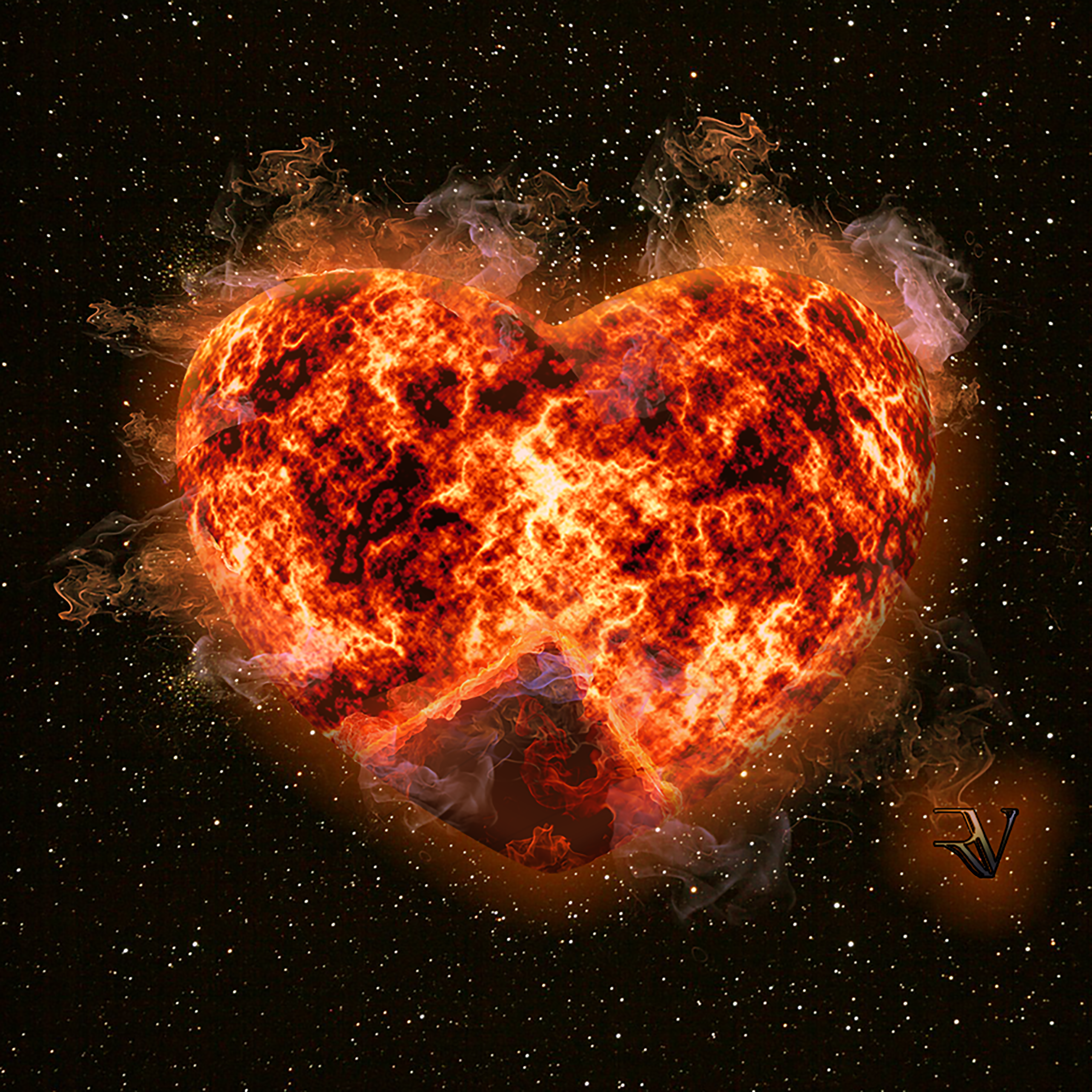 A heart-shaped sun burning against a star field, artwork by Ray Velarde