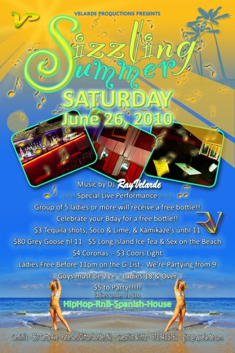 Sizzling Summer Saturday event flyer featuring music by DJ Ray Velarde
